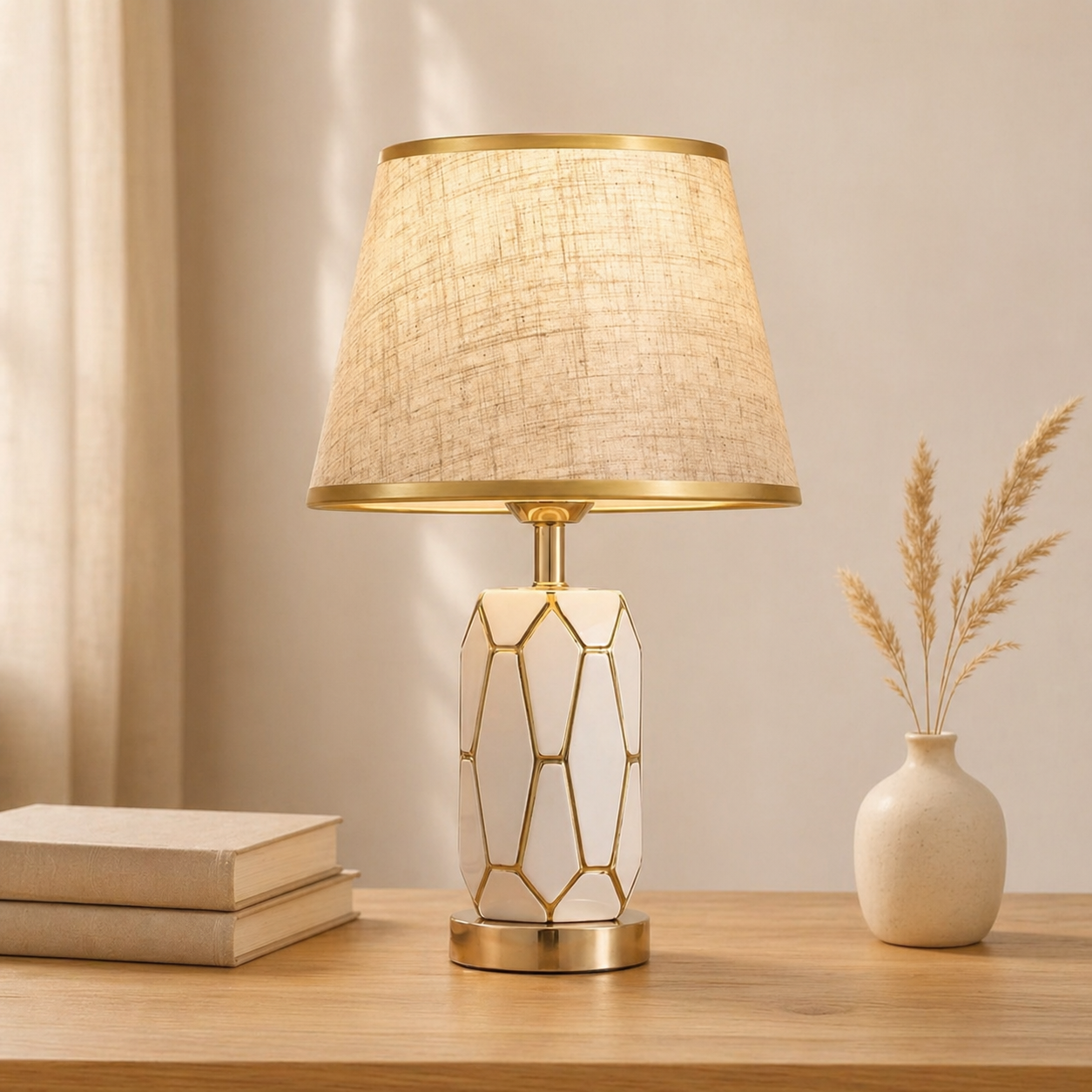 White Ceramic Table Lamp with Gold Accents