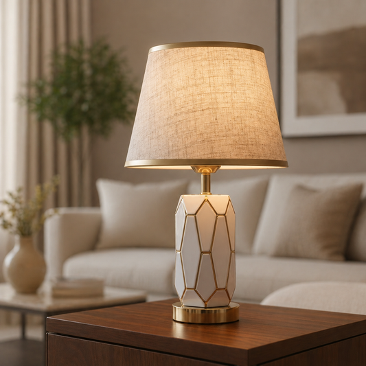 White Ceramic Table Lamp with Gold Accents