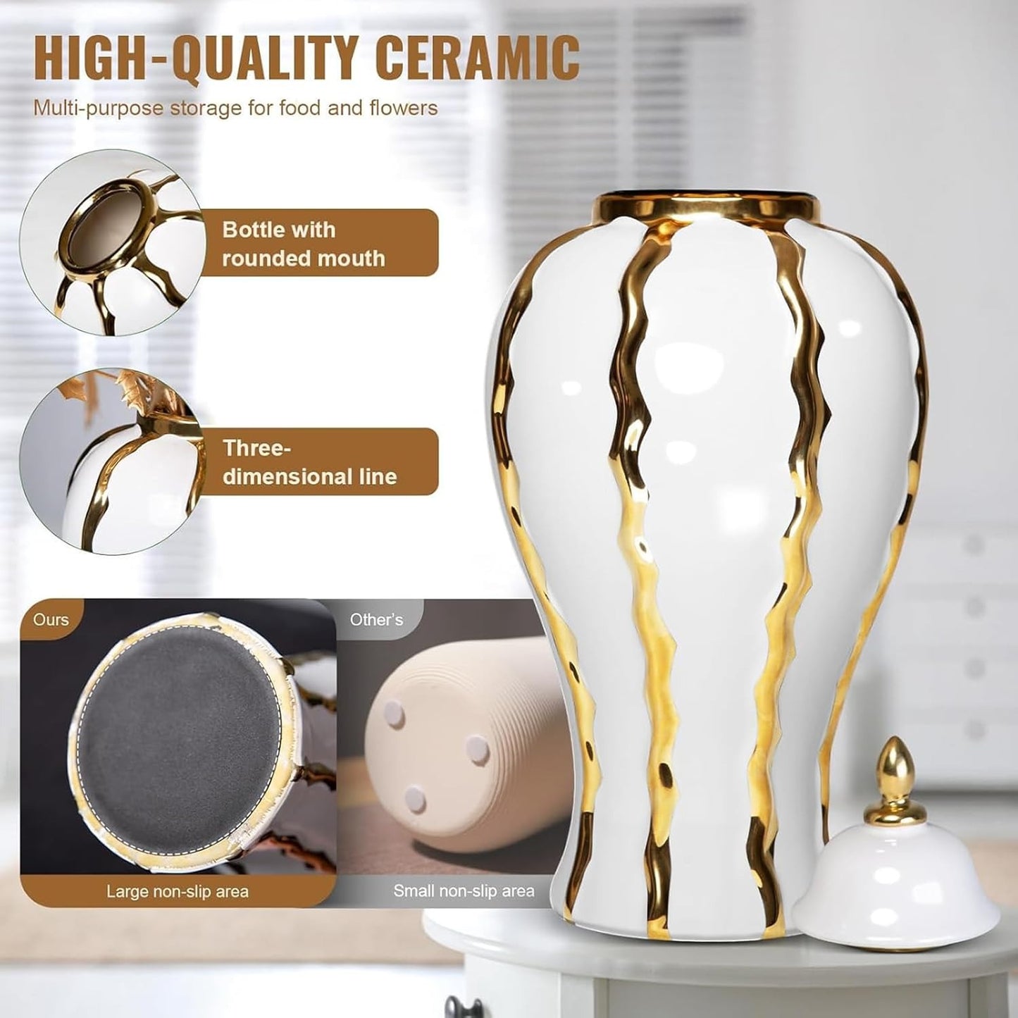 White & Gold Ceramic Ginger Jar Vase